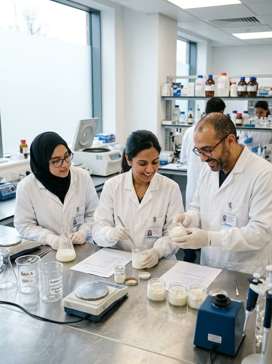 Manufacturing team collaborating at a formulation bench