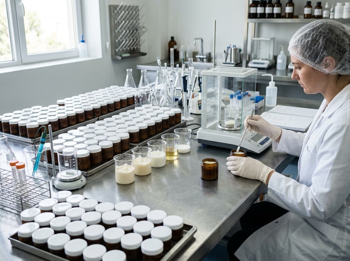 Quality control jars of cream lined on a laboratory bench