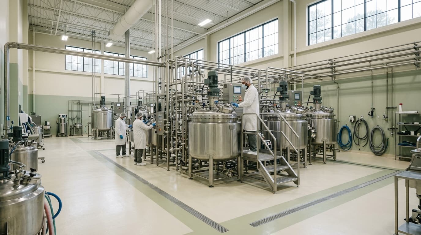 Skincare manufacturing laboratory with stainless mixing vessels and serum glassware