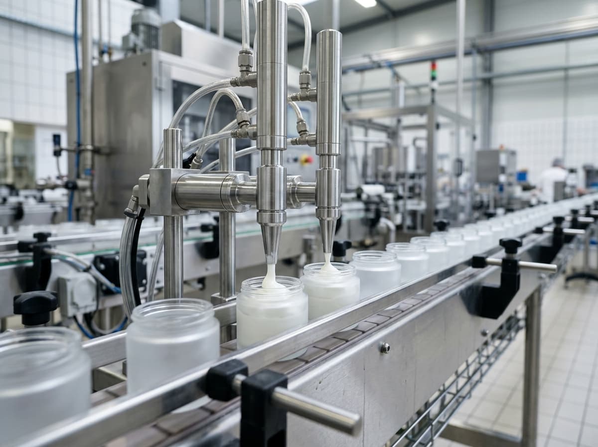 Filling nozzles dispensing cream into frosted glass jars