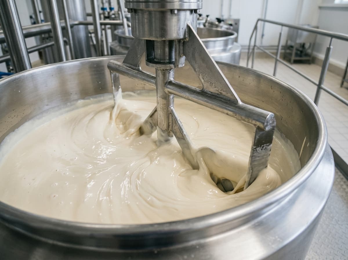 Pale cream being mixed in a stainless steel manufacturing vat