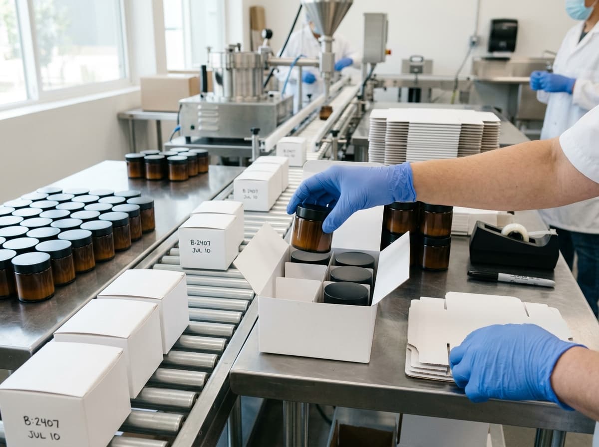 Finished jars being packed into plain cartons