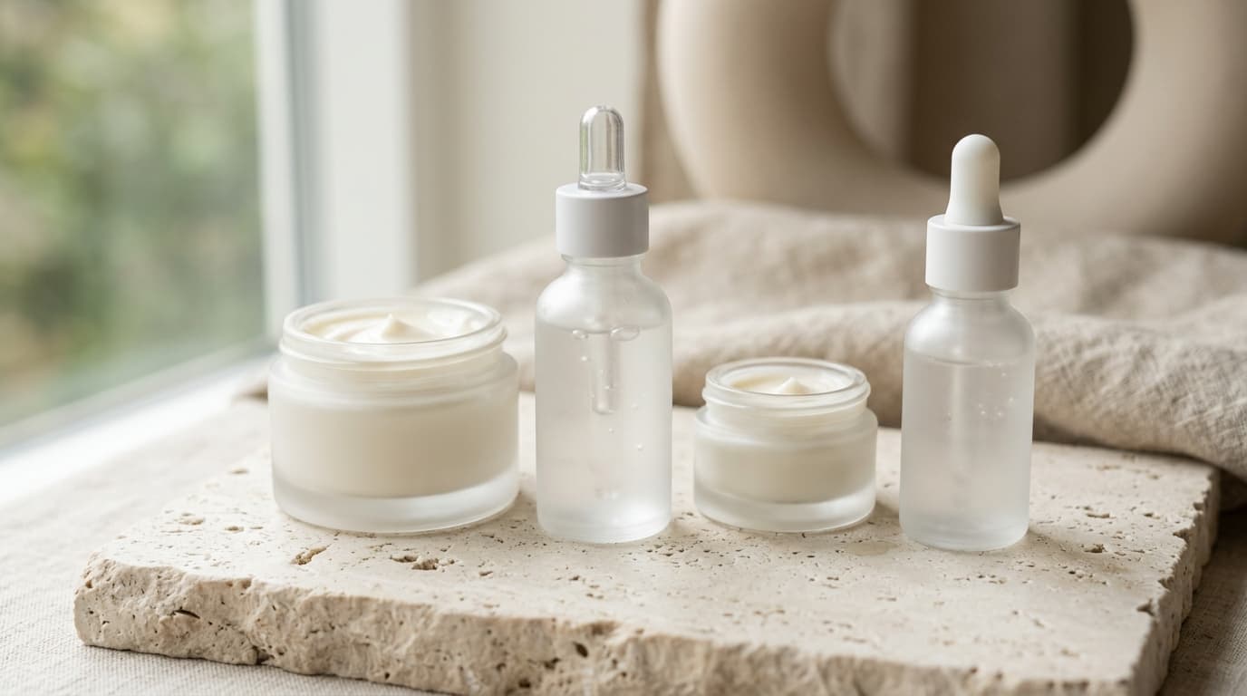 Luxury unlabeled skincare set on pale limestone