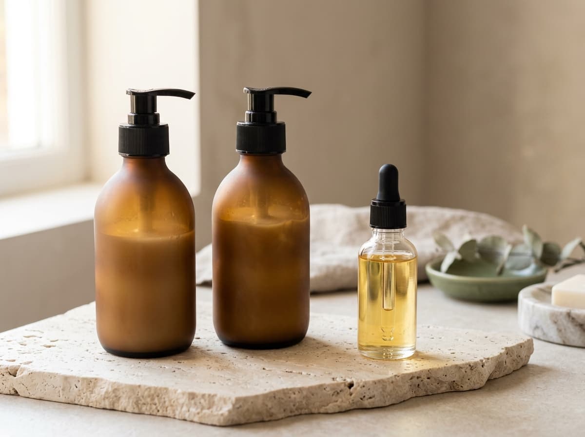 Unlabeled haircare bottles arranged on stone