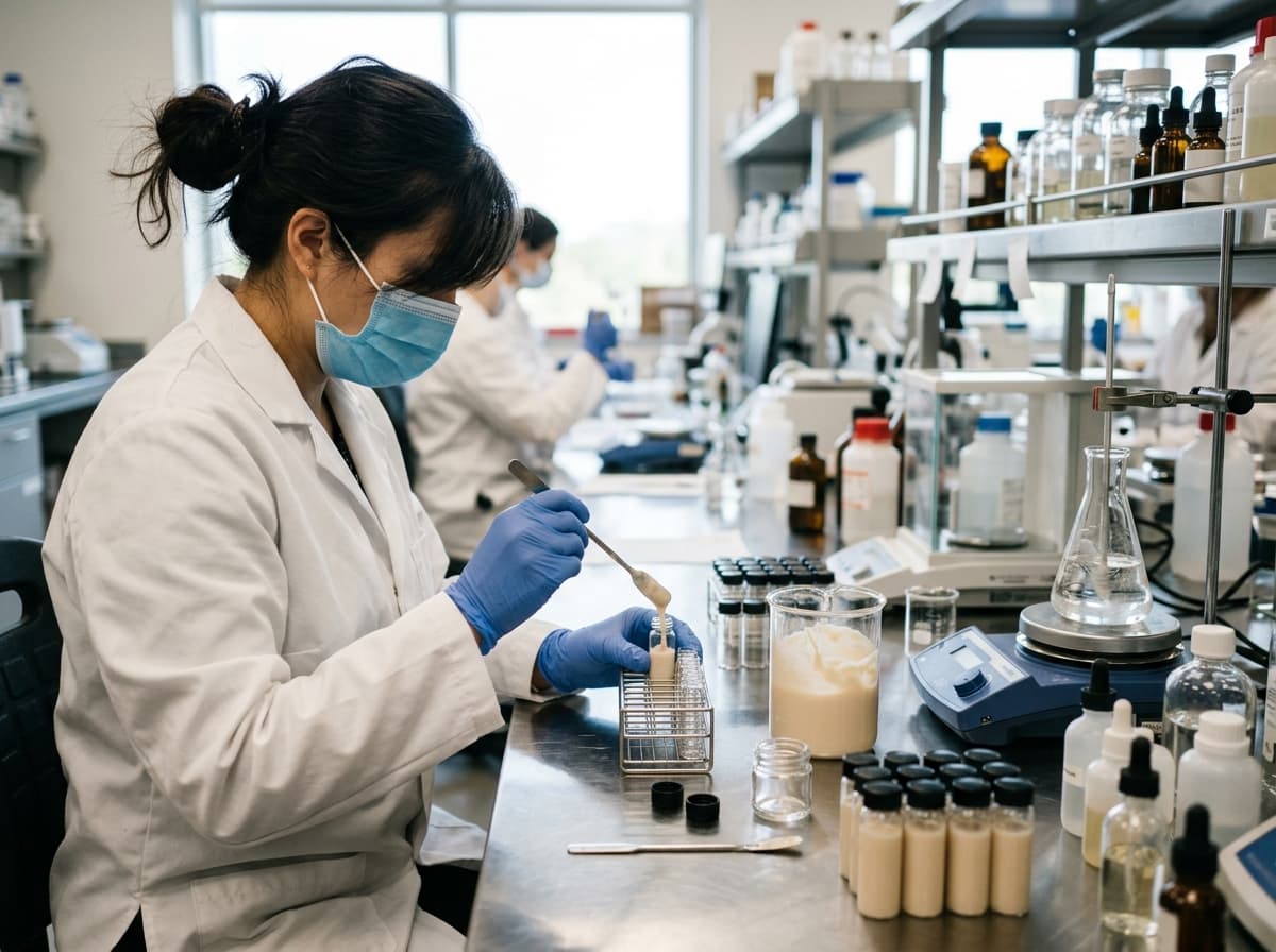 Chemist filling sample vials at a laboratory bench