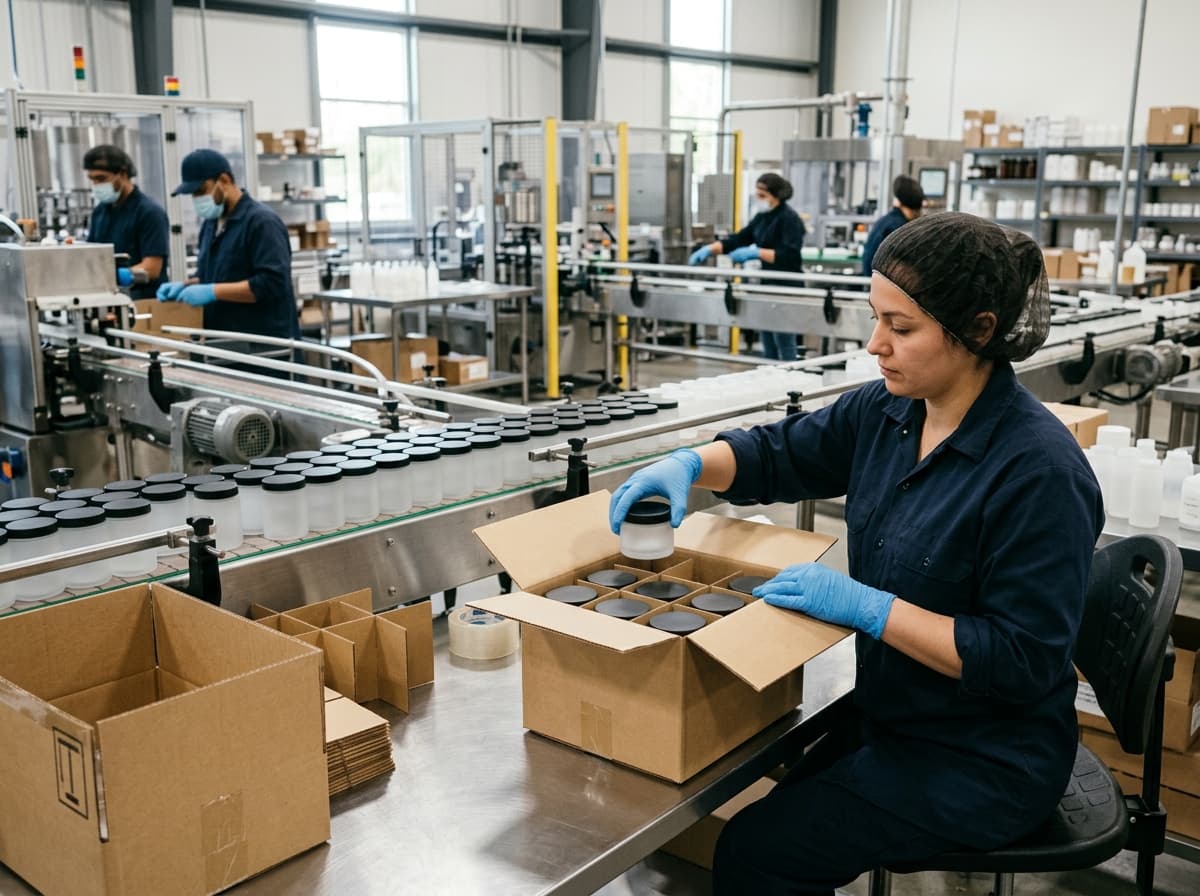 Gloved hands packing cream jars into cartons