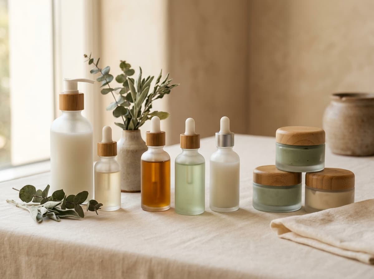 Unlabeled frosted skincare bottles on a studio surface