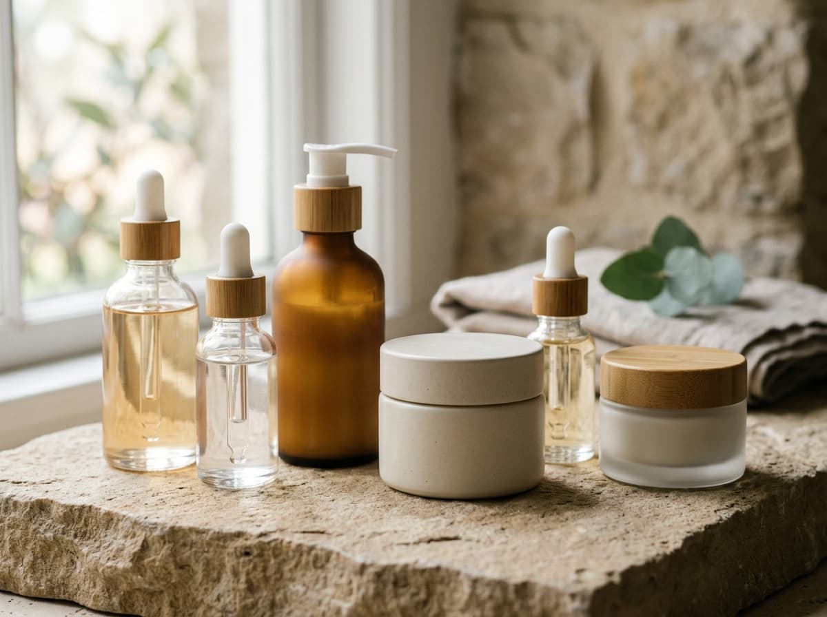 Group of unlabeled skincare bottles and jars
