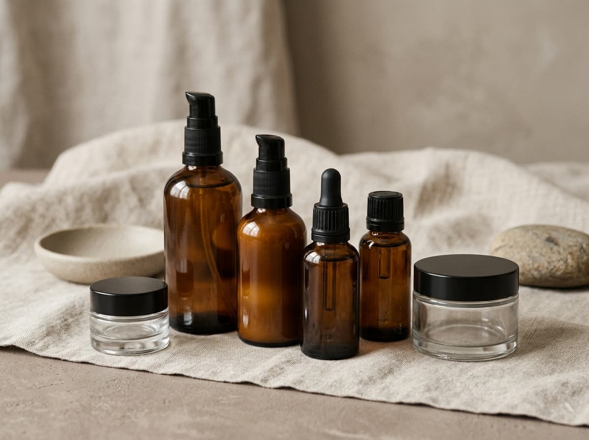 Finished unlabeled skincare bottles arranged as branded product results